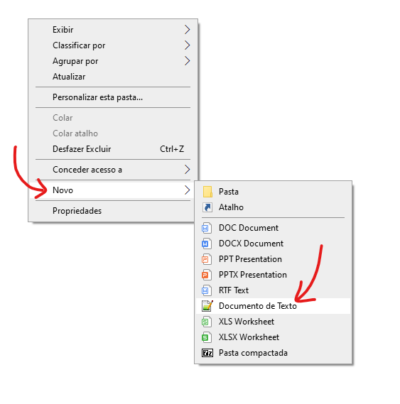 Como criar um novo documento texto Windows Explorer (Windows 10)